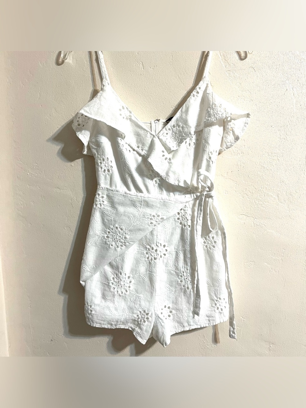White Eyelet Wrap Romper with Ruffle Neckline Sleeveless Adjustable straps